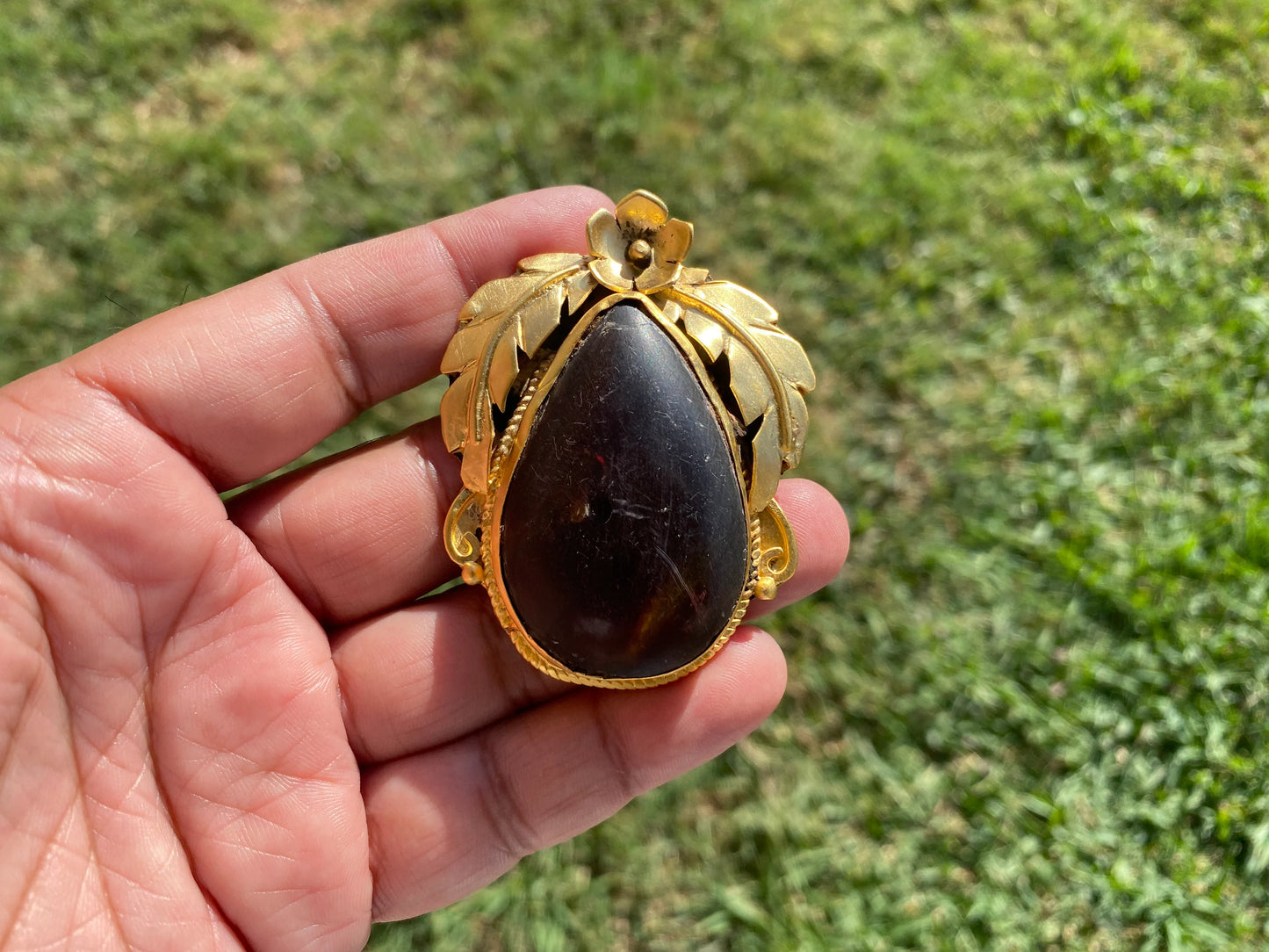Amber Gemstone Pendant, Non tarnish Brushed Gold Overlay Jewelry, Fossilized Resin, Ancient Treasure, Organic Jewelry, Vintage Allure