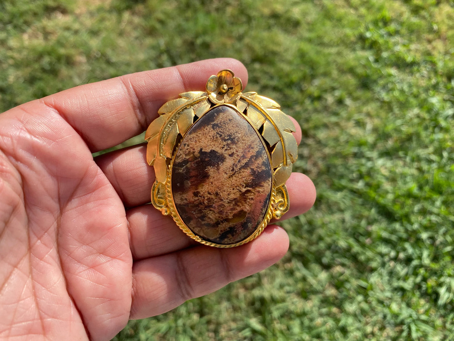 Amber Gemstone Pendant, Non tarnish Brushed Gold Overlay Jewelry, Fossilized Resin, Ancient Treasure, Organic Jewelry, Vintage Allure