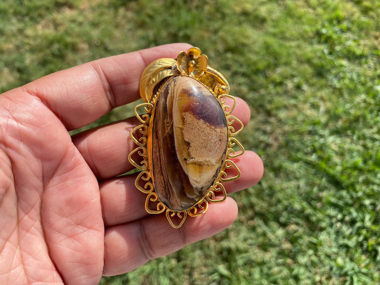 Amber Gemstone Pendant, Non tarnish Brushed Gold Overlay Jewelry, Fossilized Resin, Ancient Treasure, Organic Jewelry, Vintage Allure