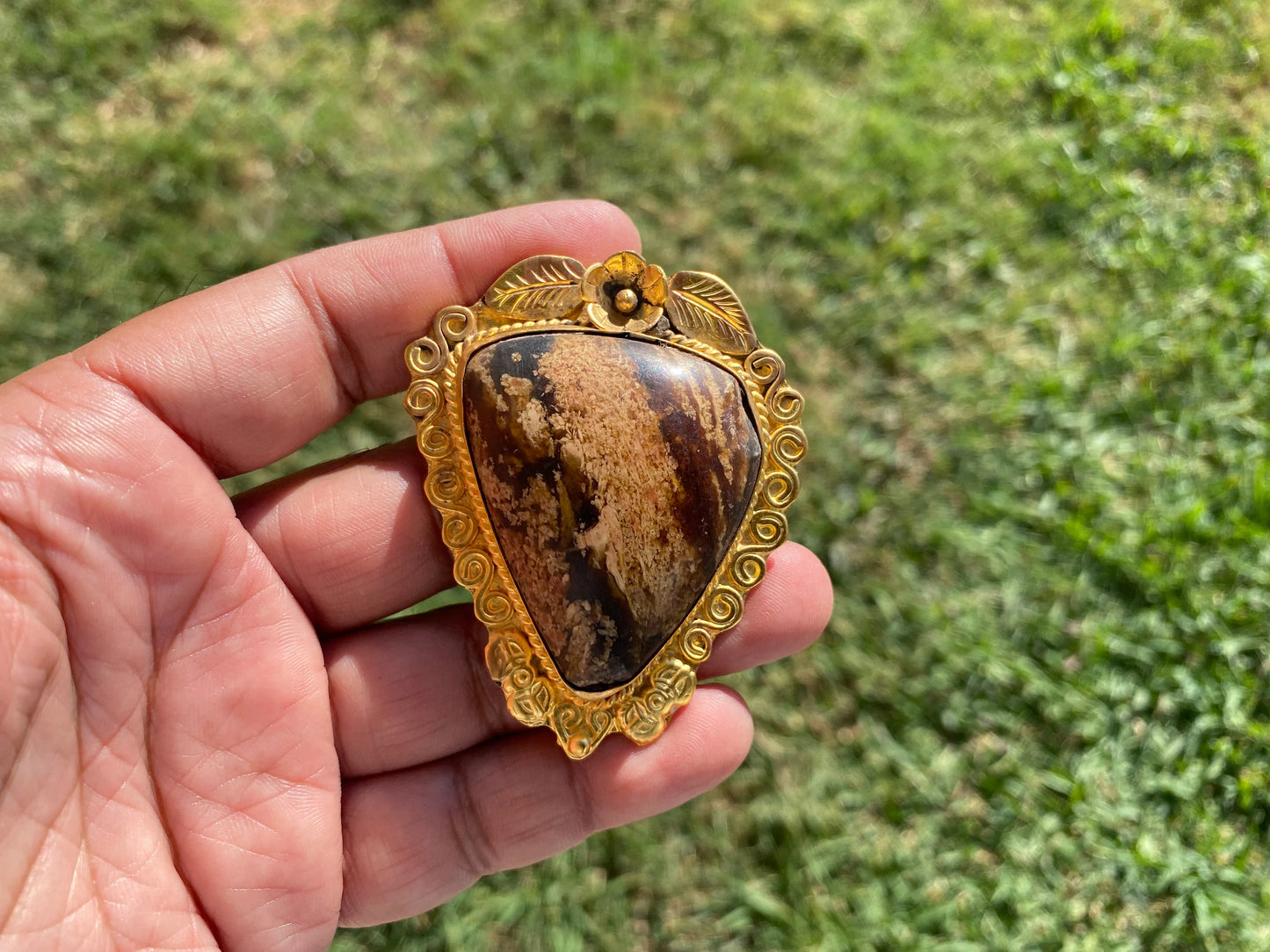 Amber Gemstone Pendant, Non tarnish Brushed Gold Overlay Jewelry, Fossilized Resin, Ancient Treasure, Organic Jewelry, Vintage Allure