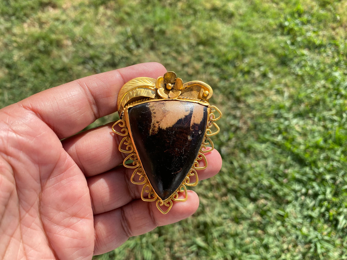 Amber Gemstone Pendant, Non tarnish Brushed Gold Overlay Jewelry, Fossilized Resin, Ancient Treasure, Organic Jewelry, Vintage Allure