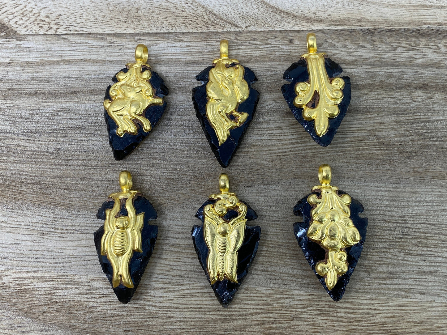 Obsidian Arrowhead Large & Small Pendant Matte Gold Overlay Handcrafted Nepal Tibetan Himalayan Ethnic Tribal Jewelry, Natural Stone Pendant