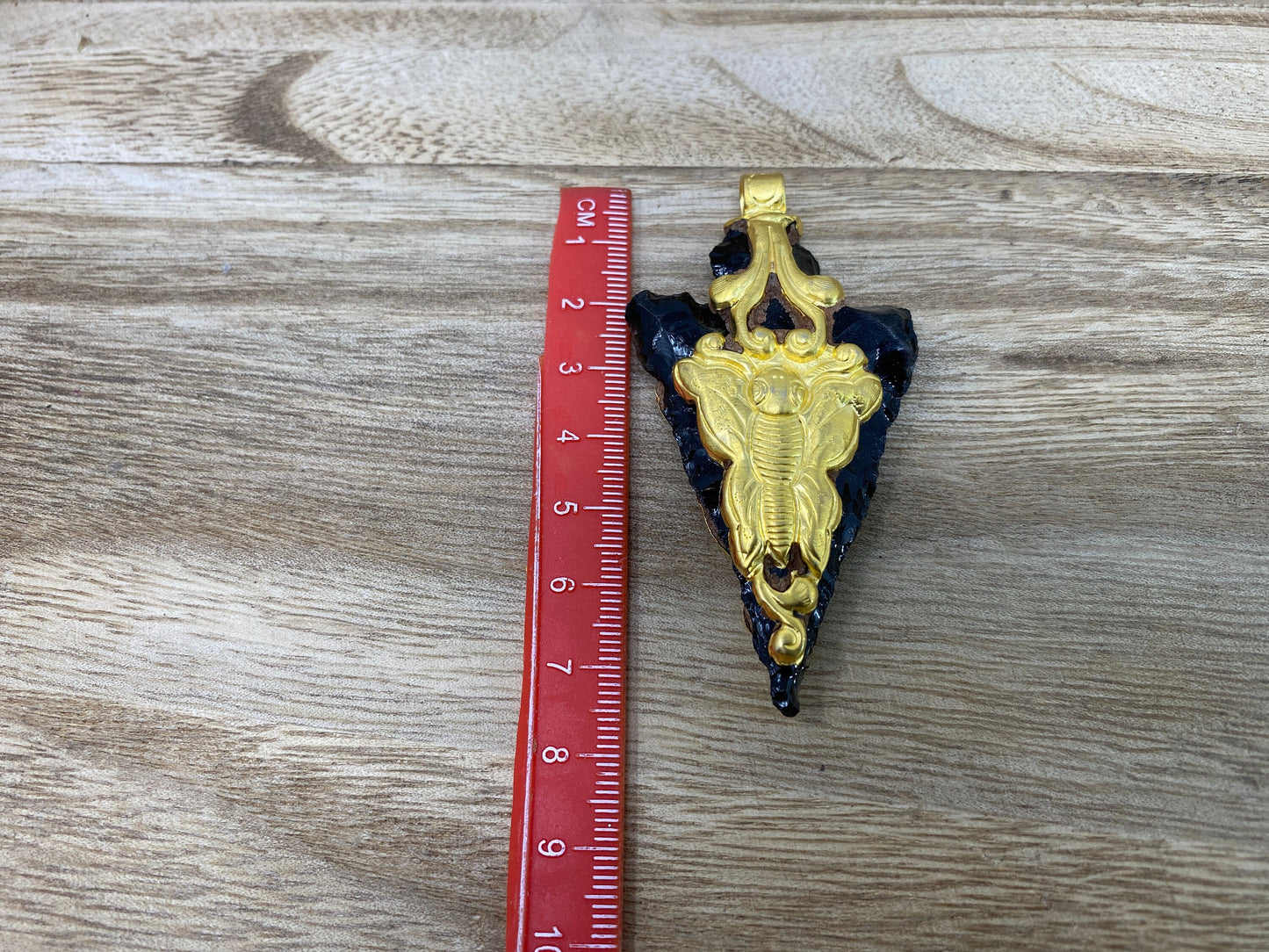 Obsidian Arrowhead Large & Small Pendant Matte Gold Overlay Handcrafted Nepal Tibetan Himalayan Ethnic Tribal Jewelry, Natural Stone Pendant