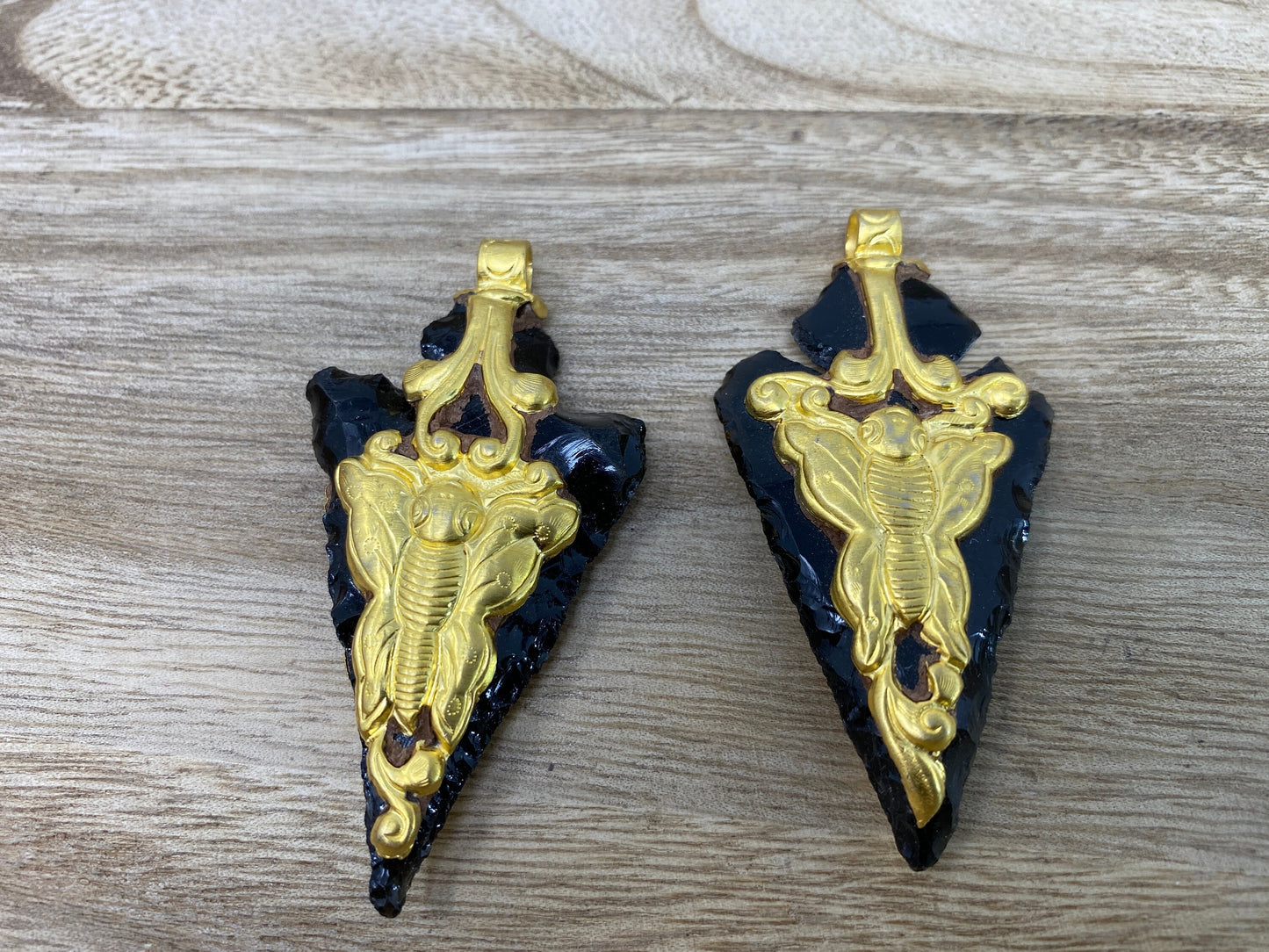 Obsidian Arrowhead Large & Small Pendant Matte Gold Overlay Handcrafted Nepal Tibetan Himalayan Ethnic Tribal Jewelry, Natural Stone Pendant