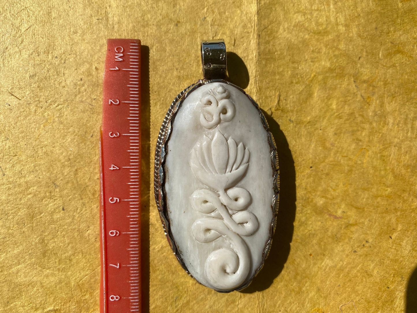 Ohm with Lotus Flower Hand Carved Buffalo Bone Tibetan Silver Pendant For Men or Women, Yoga Meditation Jewelry, Unisex Chakra Pendant, Boho