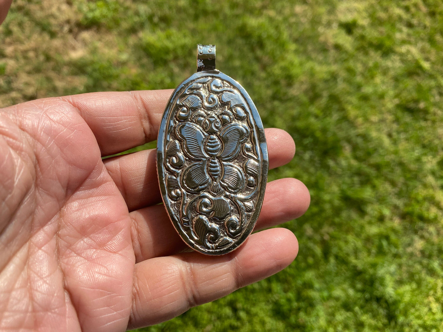 Ohm with Lotus Flower Hand Carved Buffalo Bone Tibetan Silver Pendant For Men or Women, Yoga Meditation Jewelry, Unisex Chakra Pendant, Boho