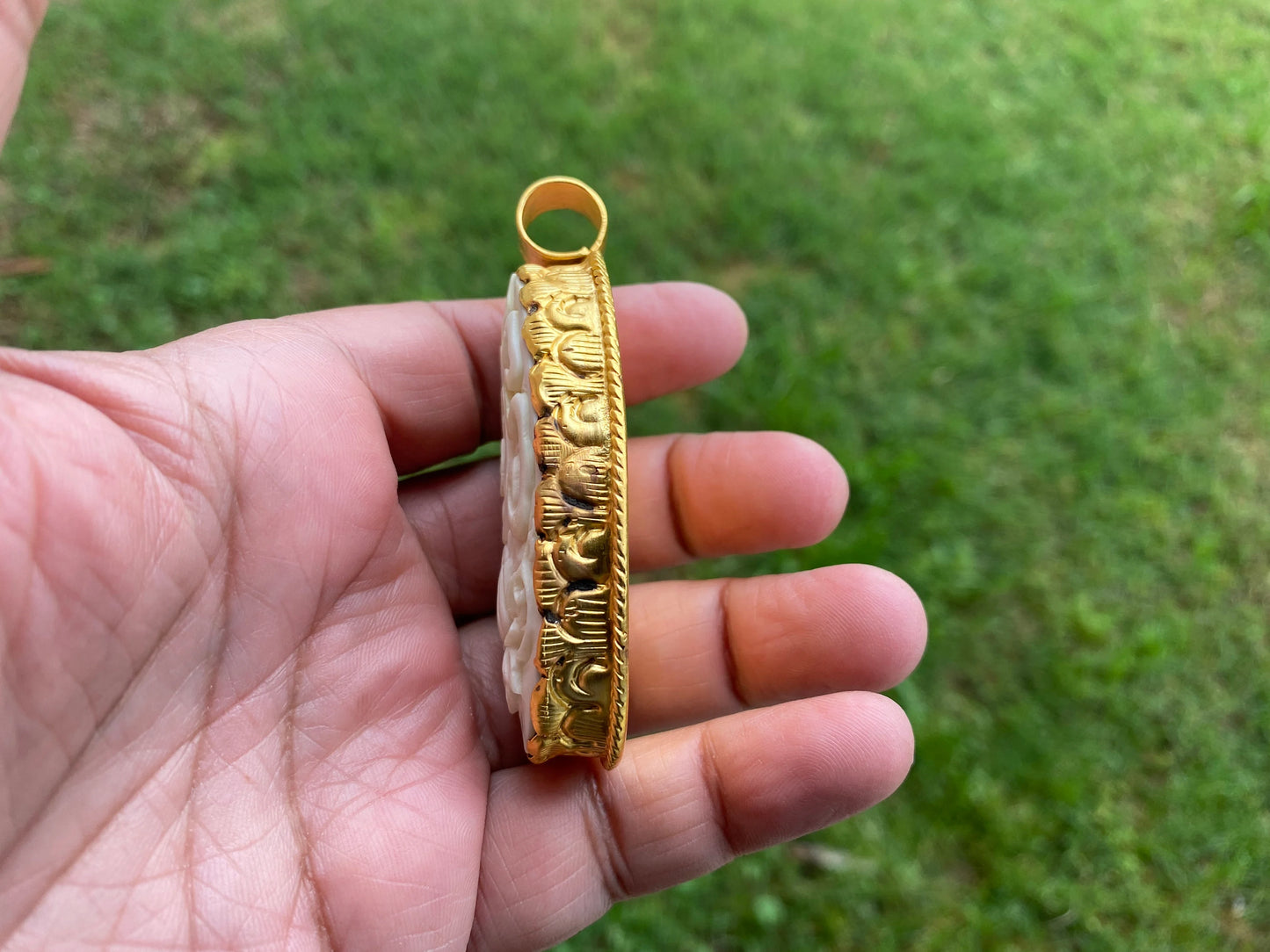 Ohm with Lotus Flower Pendant, High Quality 18K Matte Gold Overlay Non Tarnish, Hand Carved Buffalo Bone, Yoga Jewelry, Unisex Chakra, Boho