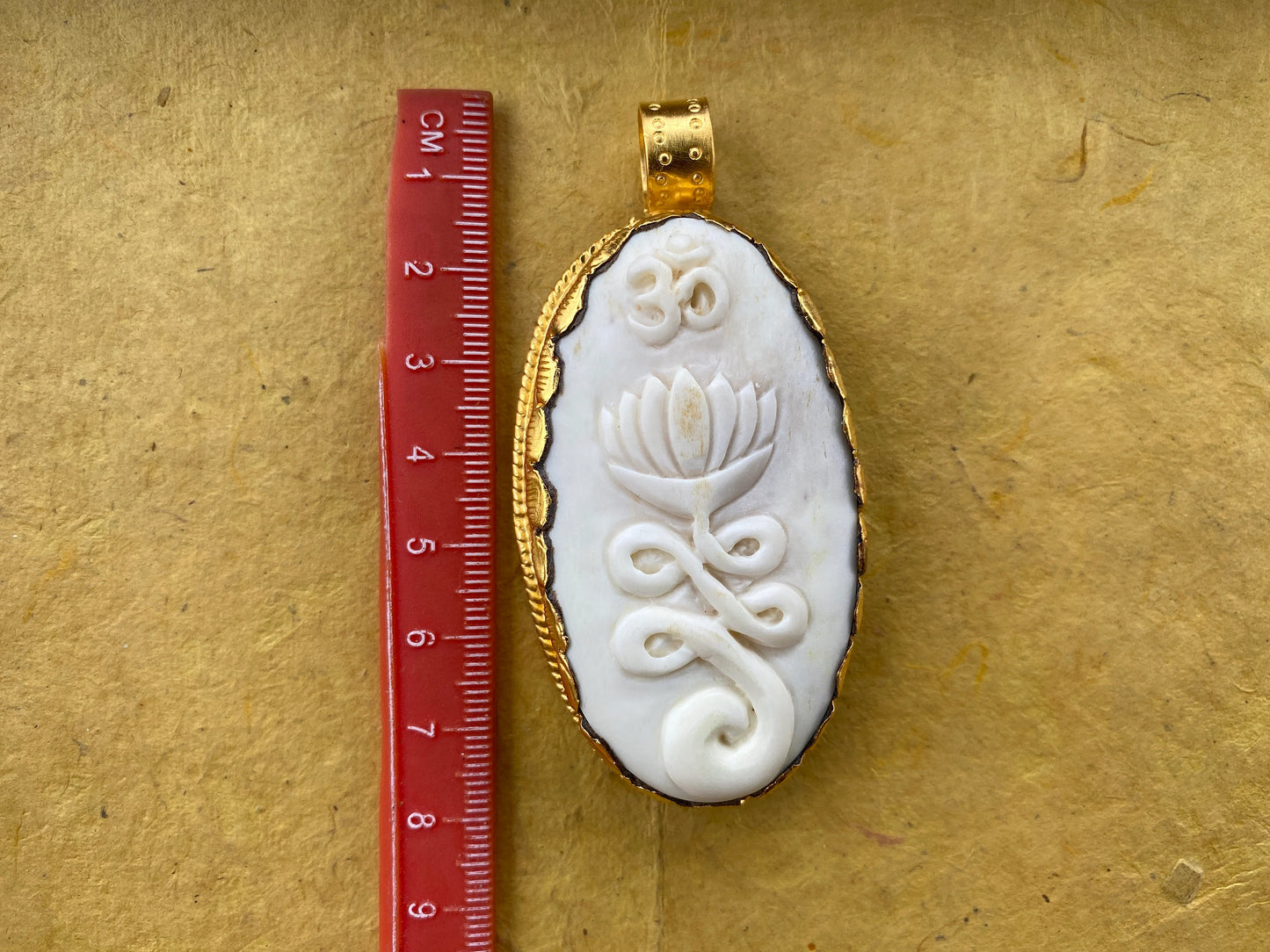 Ohm with Lotus Flower Pendant, High Quality 18K Matte Gold Overlay Non Tarnish, Hand Carved Buffalo Bone, Yoga Jewelry, Unisex Chakra, Boho