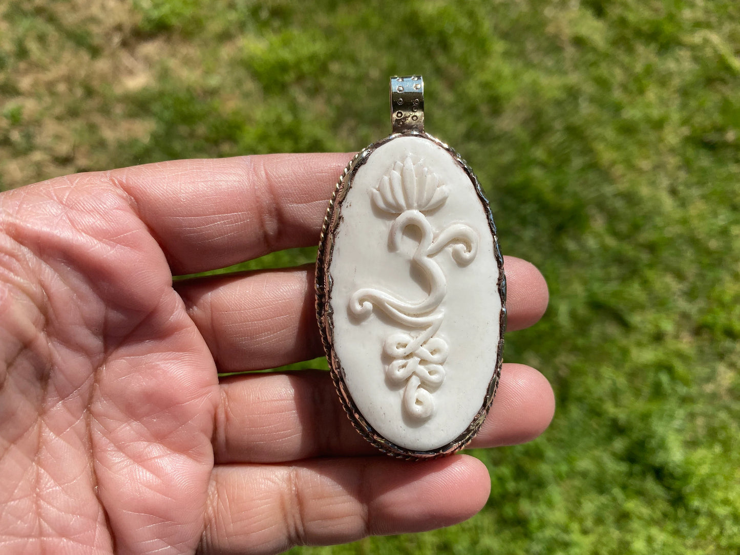 Ohm with Lotus Hand Carved Buffalo Bone Tibetan Silver Pendant For Men or Women, Yoga Meditation Jewelry, Unisex Chakra Pendant, Mani Mantra