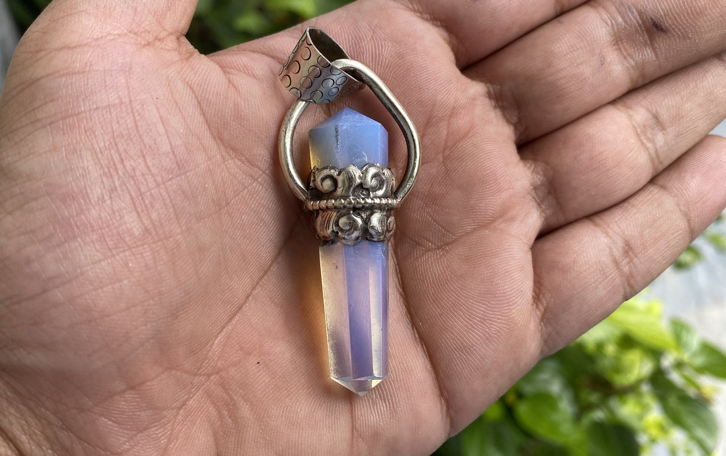 Opalite Pendant: Bohemian Charm with Emotional and Spiritual Benefits, Hammered Tibetan Silver, Unique Tibetan Pendant, Perfect Unisex gift.
