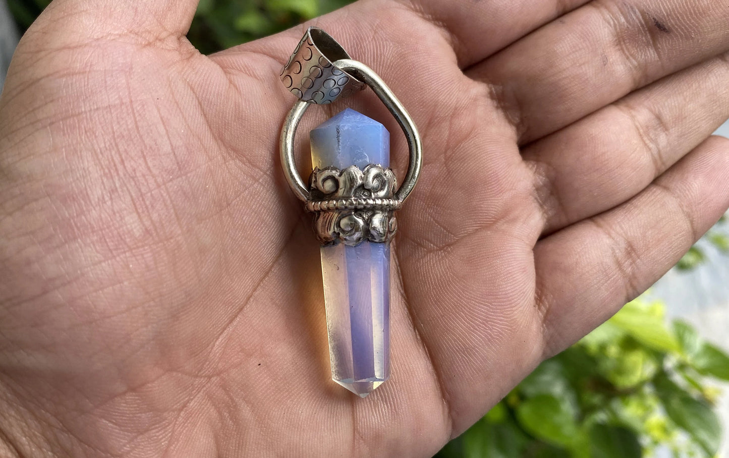 Opalite Pendant: Bohemian Charm with Emotional and Spiritual Benefits, Hammered Tibetan Silver, Unique Tibetan Pendant, Perfect Unisex gift.
