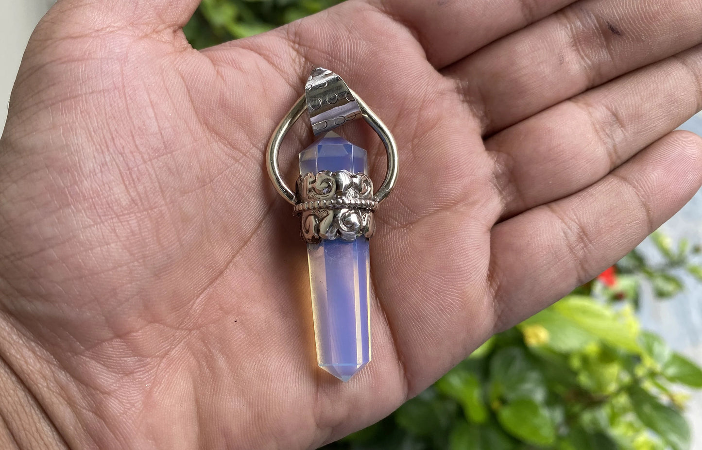 Opalite Pendant: Bohemian Charm with Emotional and Spiritual Benefits, Hammered Tibetan Silver, Unique Tibetan Pendant, Perfect Unisex gift.