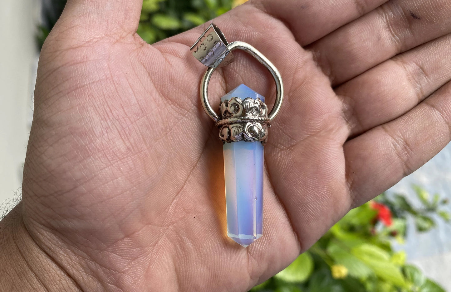 Opalite Pendant: Bohemian Charm with Emotional and Spiritual Benefits, Hammered Tibetan Silver, Unique Tibetan Pendant, Perfect Unisex gift.