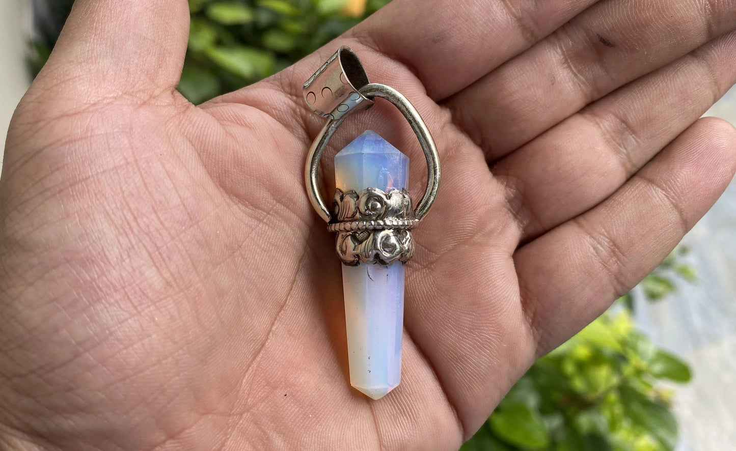 Opalite Pendant: Bohemian Charm with Emotional and Spiritual Benefits, Hammered Tibetan Silver, Unique Tibetan Pendant, Perfect Unisex gift.