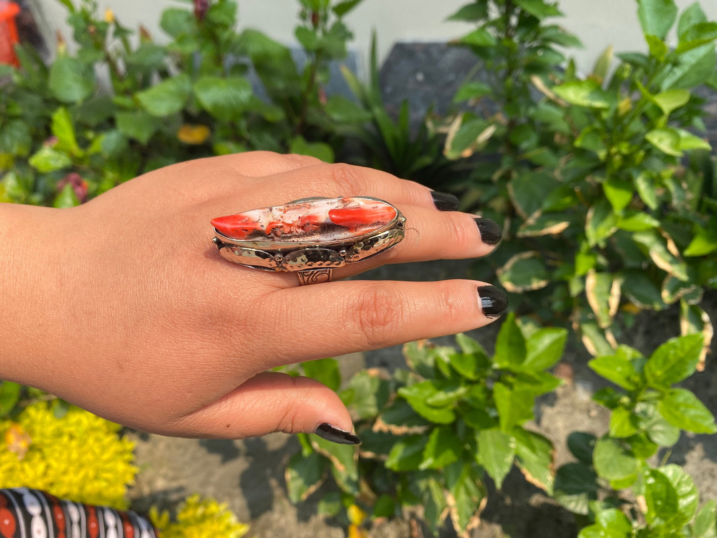 Organic Glamour: Hammered Spiny Oyster Tibetan Silver Boho Ring, Big Aesthetic Ring.