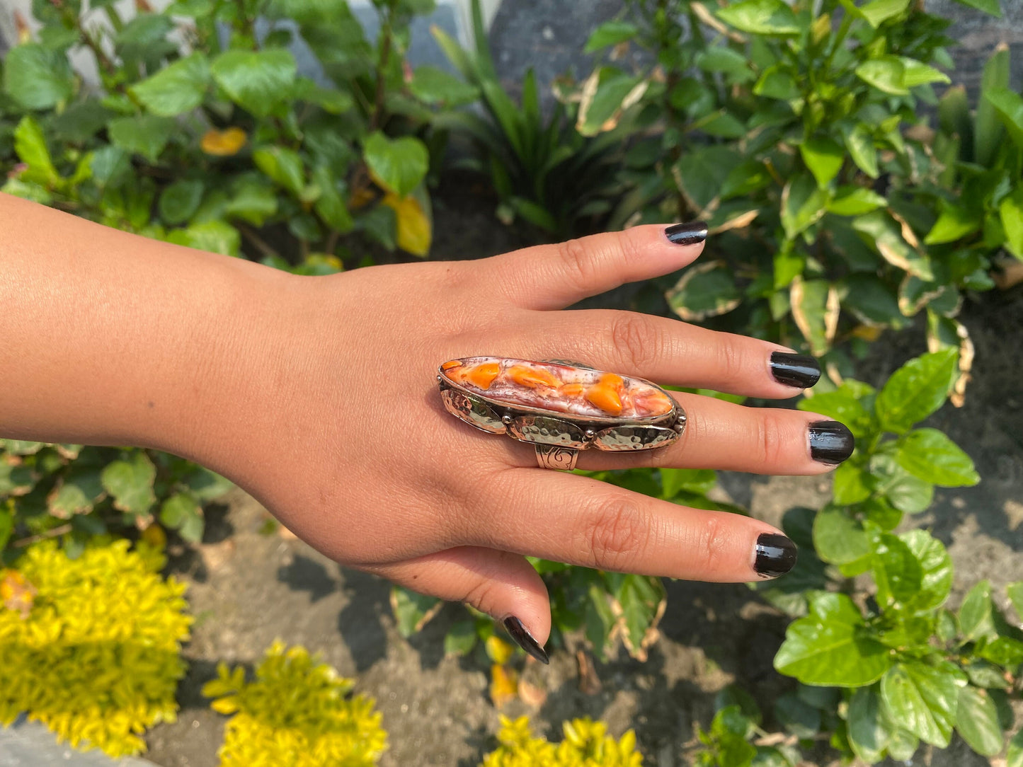 Organic Glamour: Hammered Spiny Oyster Tibetan Silver Boho Ring, Big Aesthetic Ring.