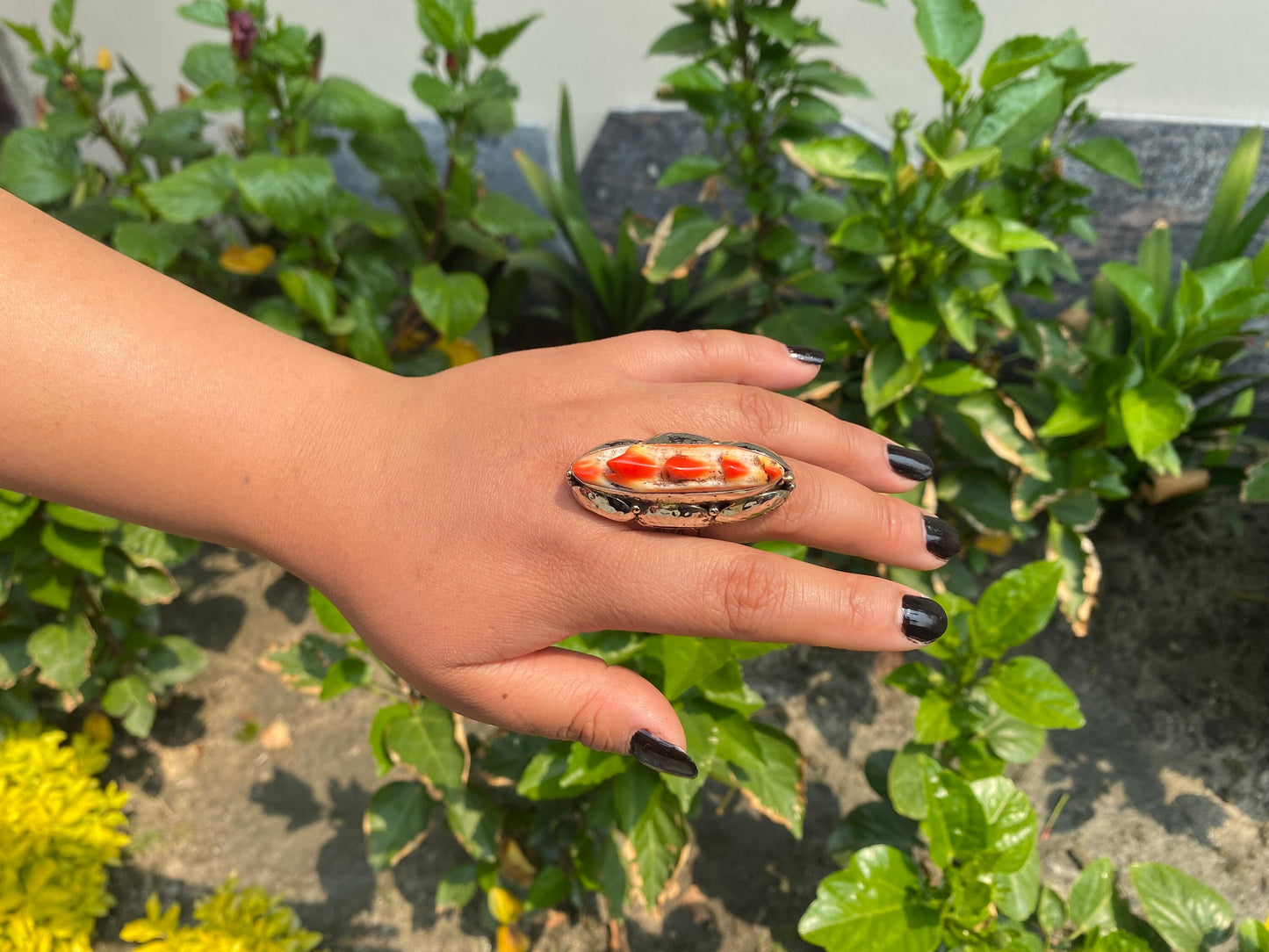 Organic Glamour: Hammered Spiny Oyster Tibetan Silver Boho Ring, Big Aesthetic Ring.