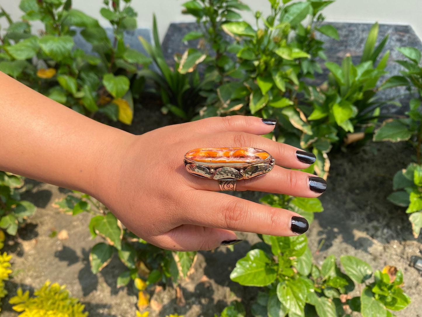 Organic Glamour: Hammered Spiny Oyster Tibetan Silver Boho Ring, Big Aesthetic Ring.