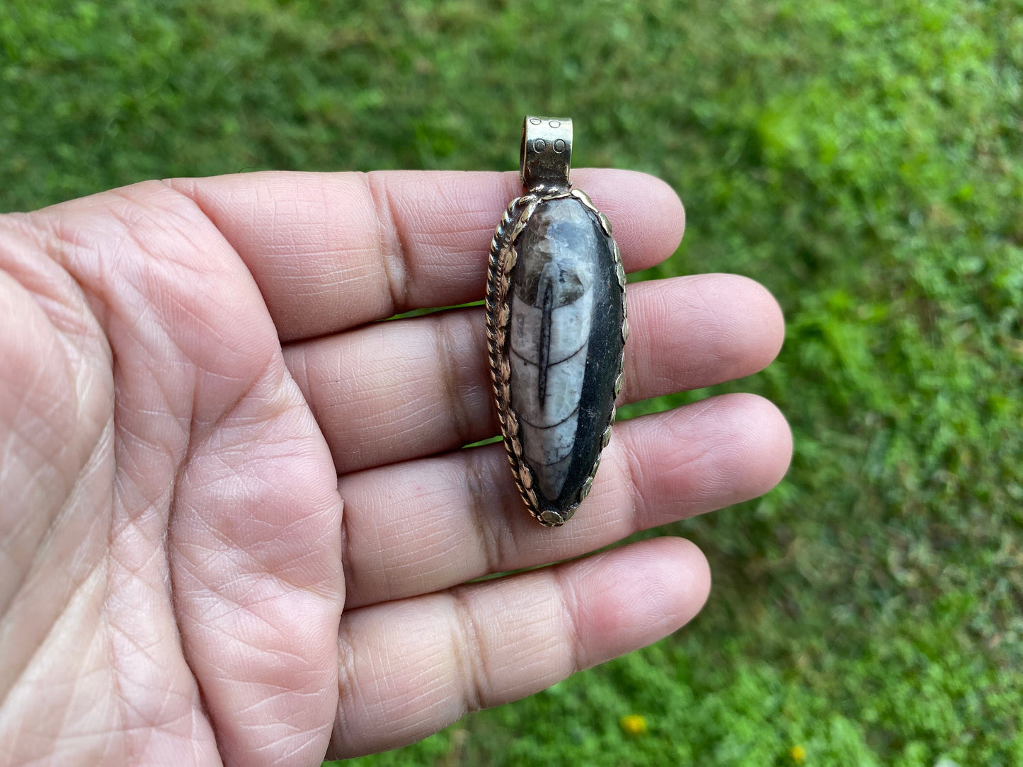 Orthoceras Fossil Tibetan Silver Pendant, Fossilized Pendant, Wiccan Jewelry, Black Stone Pendant, Fossil Jewelry, Orthoceras Jewelry, Boho