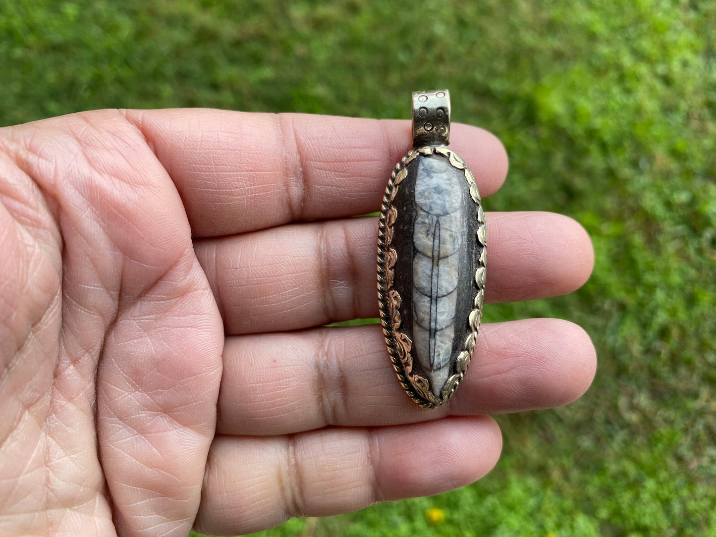 Orthoceras Fossil Tibetan Silver Pendant, Fossilized Pendant, Wiccan Jewelry, Black Stone Pendant, Fossil Jewelry, Orthoceras Jewelry, Boho