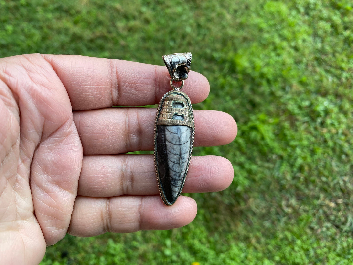 Orthoceras Fossil Tibetan Silver Pendant, Fossilized Pendant, Wiccan Jewelry, Black Stone Pendant, Fossil Jewelry, Orthoceras Jewelry, Boho