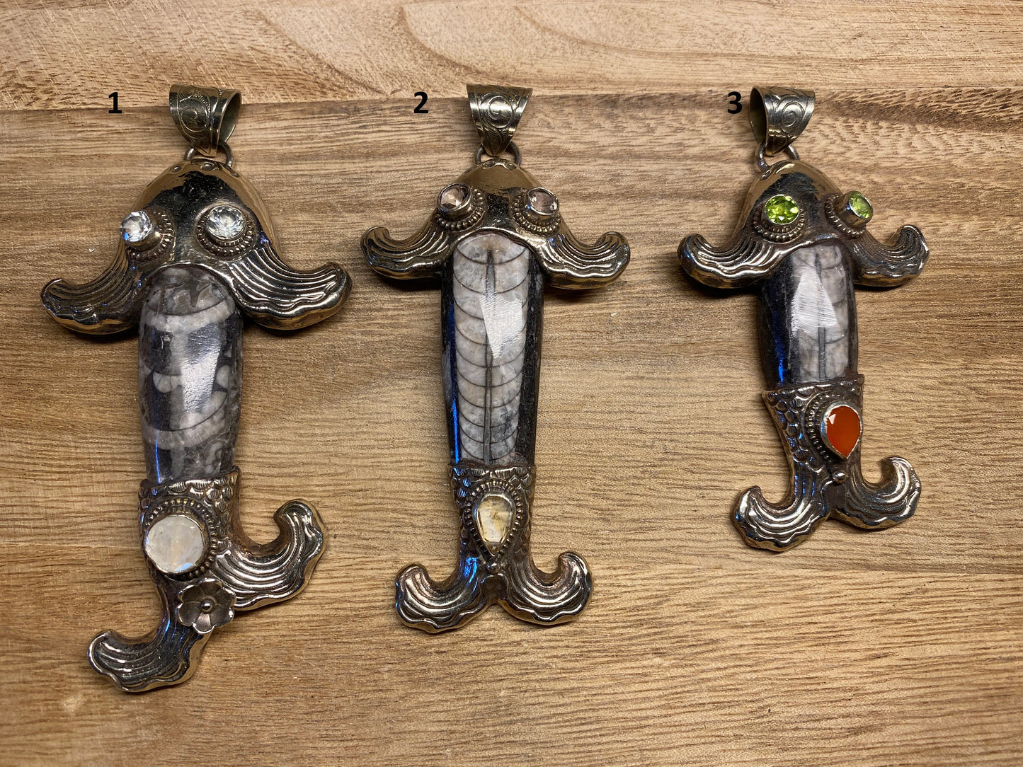 Orthoceras Fossil Tibetan Silver Pendant with Gemstones, Long Fish Designs Pendant, One Of A Kind, Flower Hand Carved, Himalayan Hill Tribe