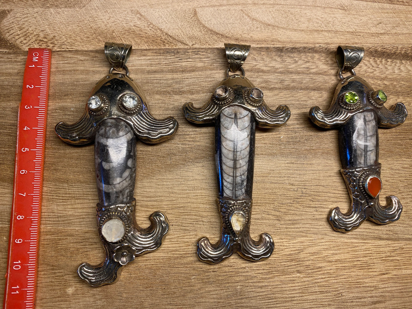 Orthoceras Fossil Tibetan Silver Pendant with Gemstones, Long Fish Designs Pendant, One Of A Kind, Flower Hand Carved, Himalayan Hill Tribe