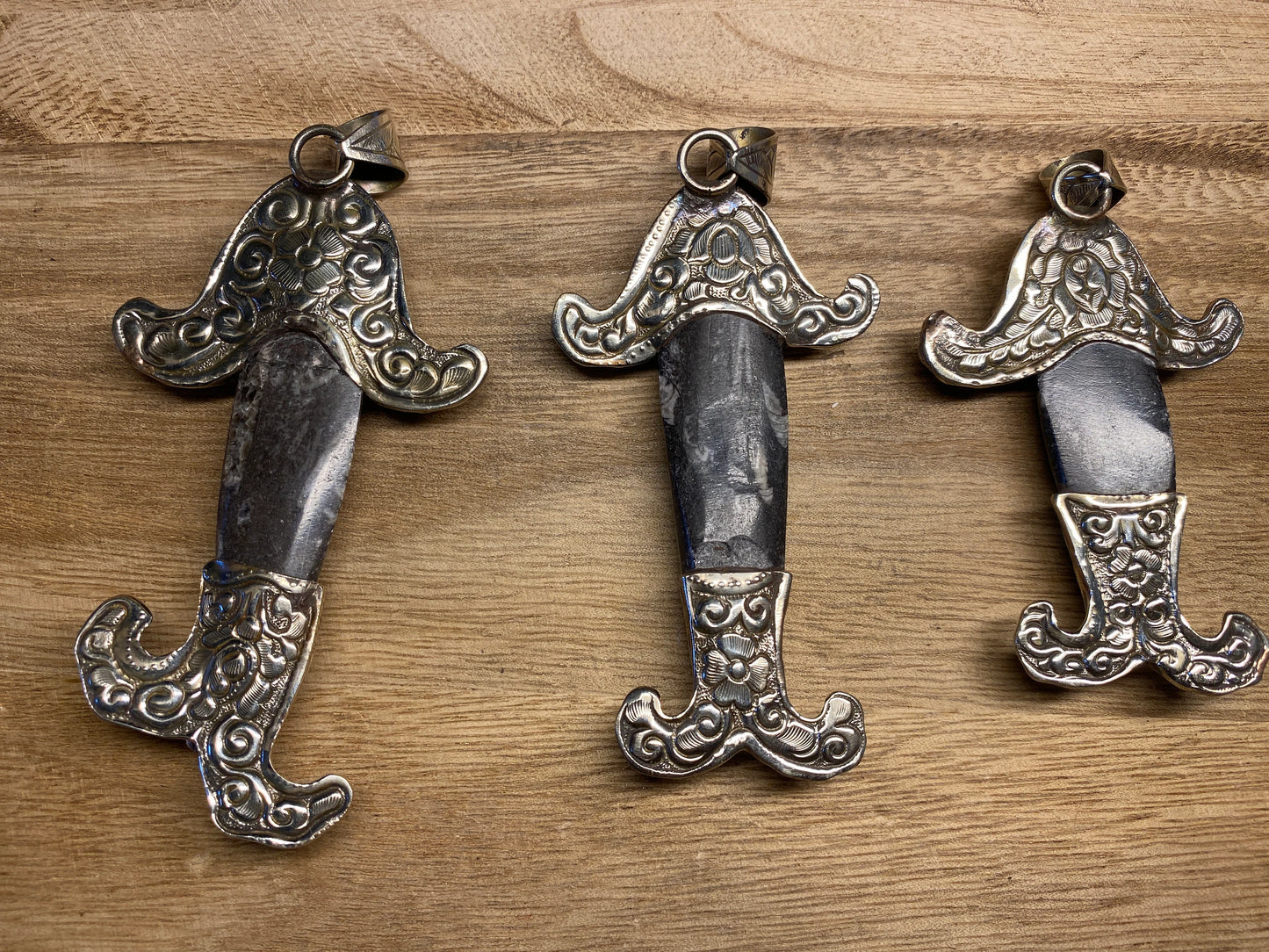 Orthoceras Fossil Tibetan Silver Pendant with Gemstones, Long Fish Designs Pendant, One Of A Kind, Flower Hand Carved, Himalayan Hill Tribe