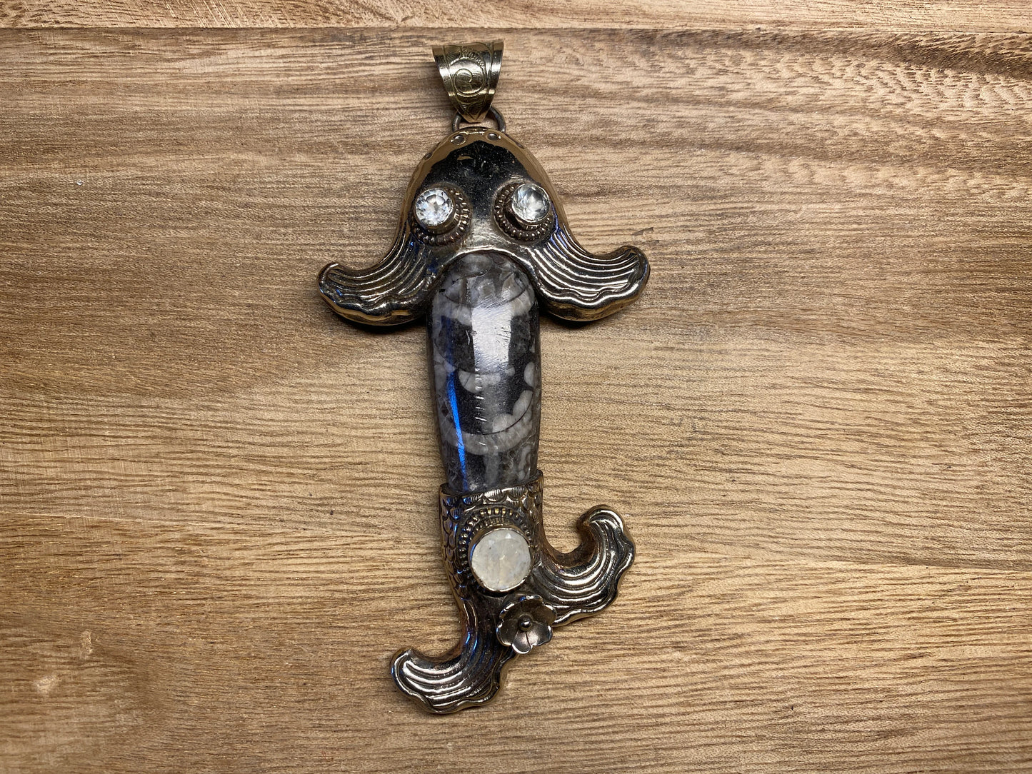 Orthoceras Fossil Tibetan Silver Pendant with Gemstones, Long Fish Designs Pendant, One Of A Kind, Flower Hand Carved, Himalayan Hill Tribe