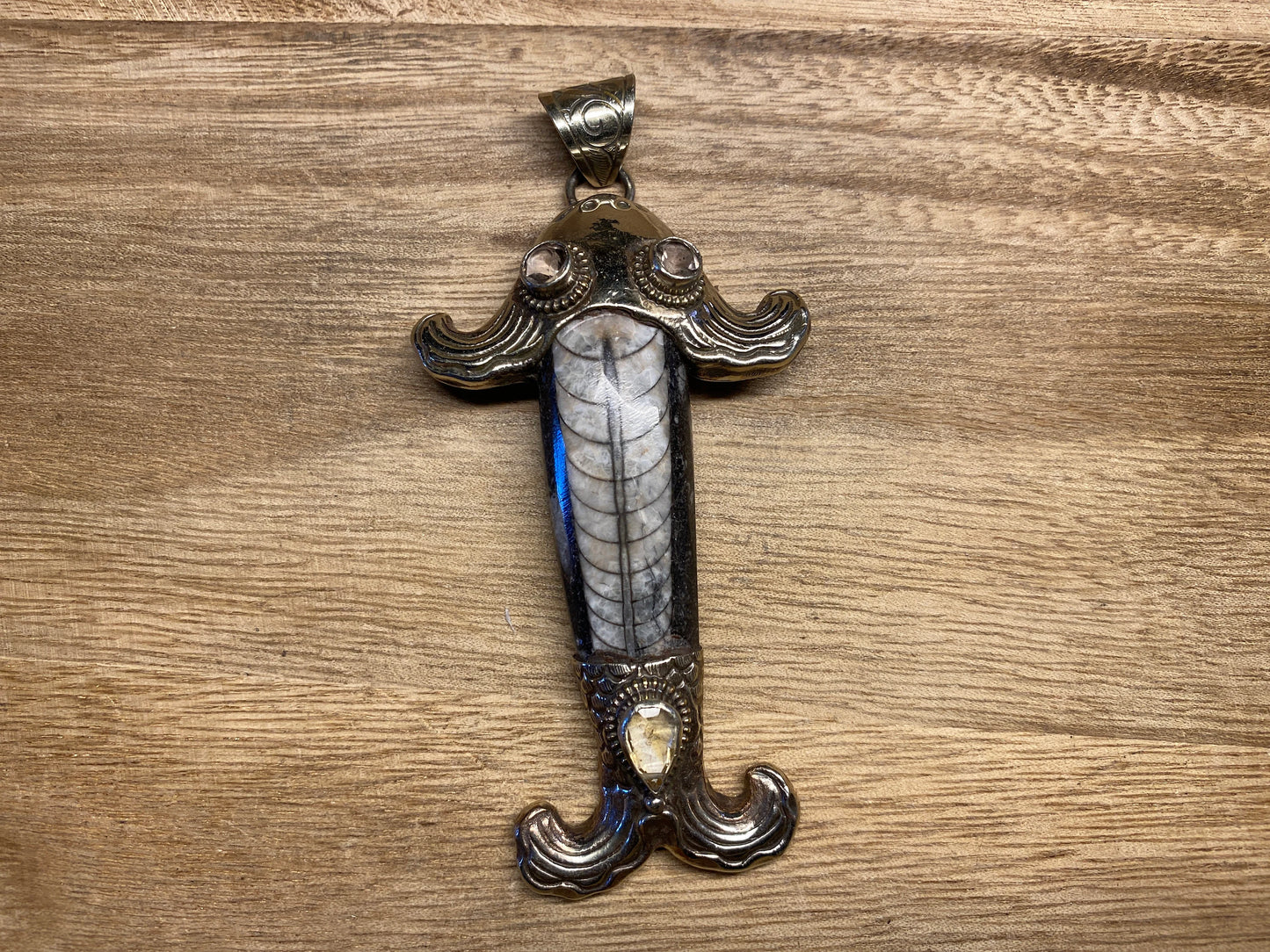 Orthoceras Fossil Tibetan Silver Pendant with Gemstones, Long Fish Designs Pendant, One Of A Kind, Flower Hand Carved, Himalayan Hill Tribe