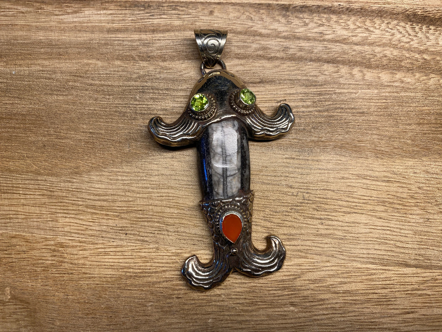 Orthoceras Fossil Tibetan Silver Pendant with Gemstones, Long Fish Designs Pendant, One Of A Kind, Flower Hand Carved, Himalayan Hill Tribe