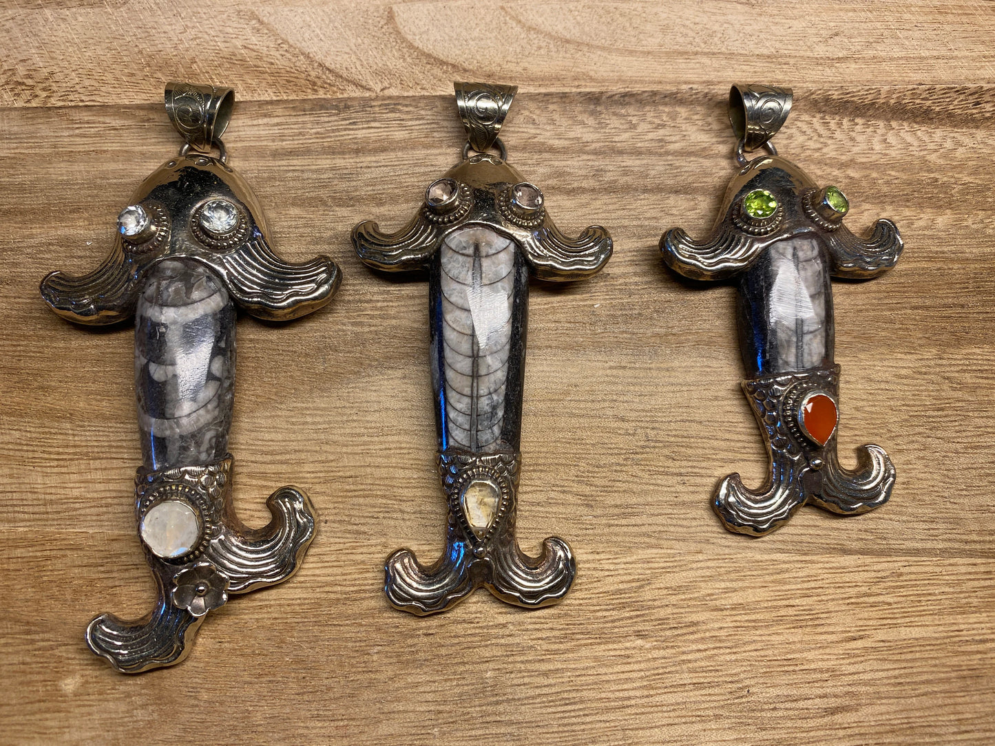 Orthoceras Fossil Tibetan Silver Pendant with Gemstones, Long Fish Designs Pendant, One Of A Kind, Flower Hand Carved, Himalayan Hill Tribe