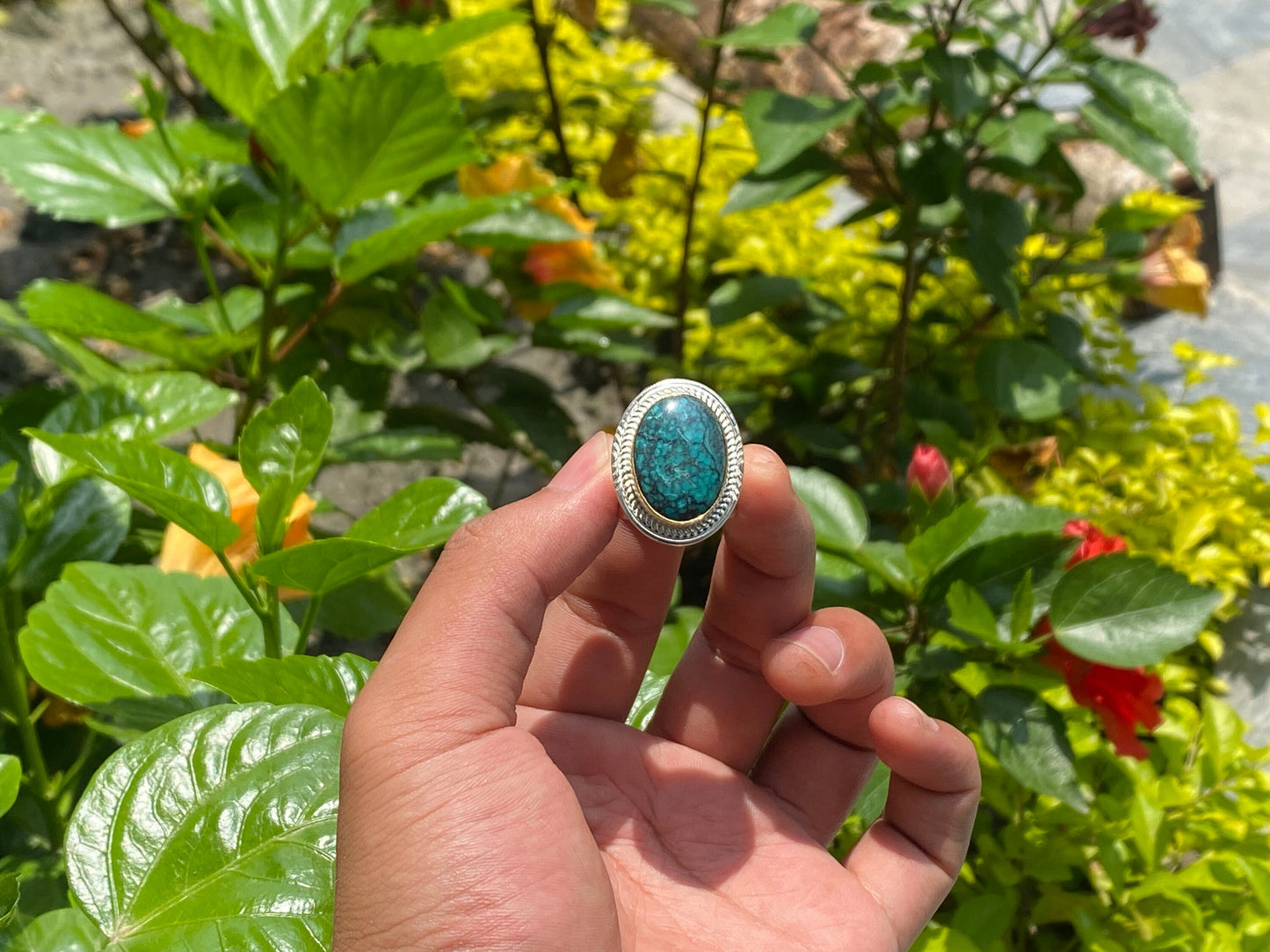 Oval shaped Natural Turquoise Ring, Adjustable two tone Ring, Handmade Ring, Hammered Ring, Gift for her.