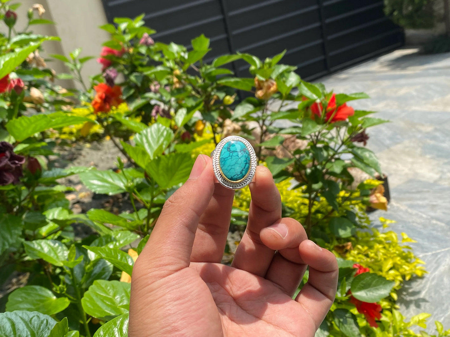 Oval shaped Natural Turquoise Ring, Adjustable two tone Ring, Handmade Ring, Hammered Ring, Gift for her.