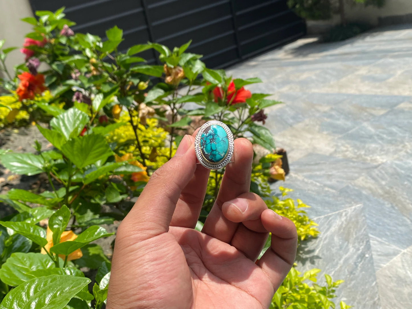 Oval shaped Natural Turquoise Ring, Adjustable two tone Ring, Handmade Ring, Hammered Ring, Gift for her.