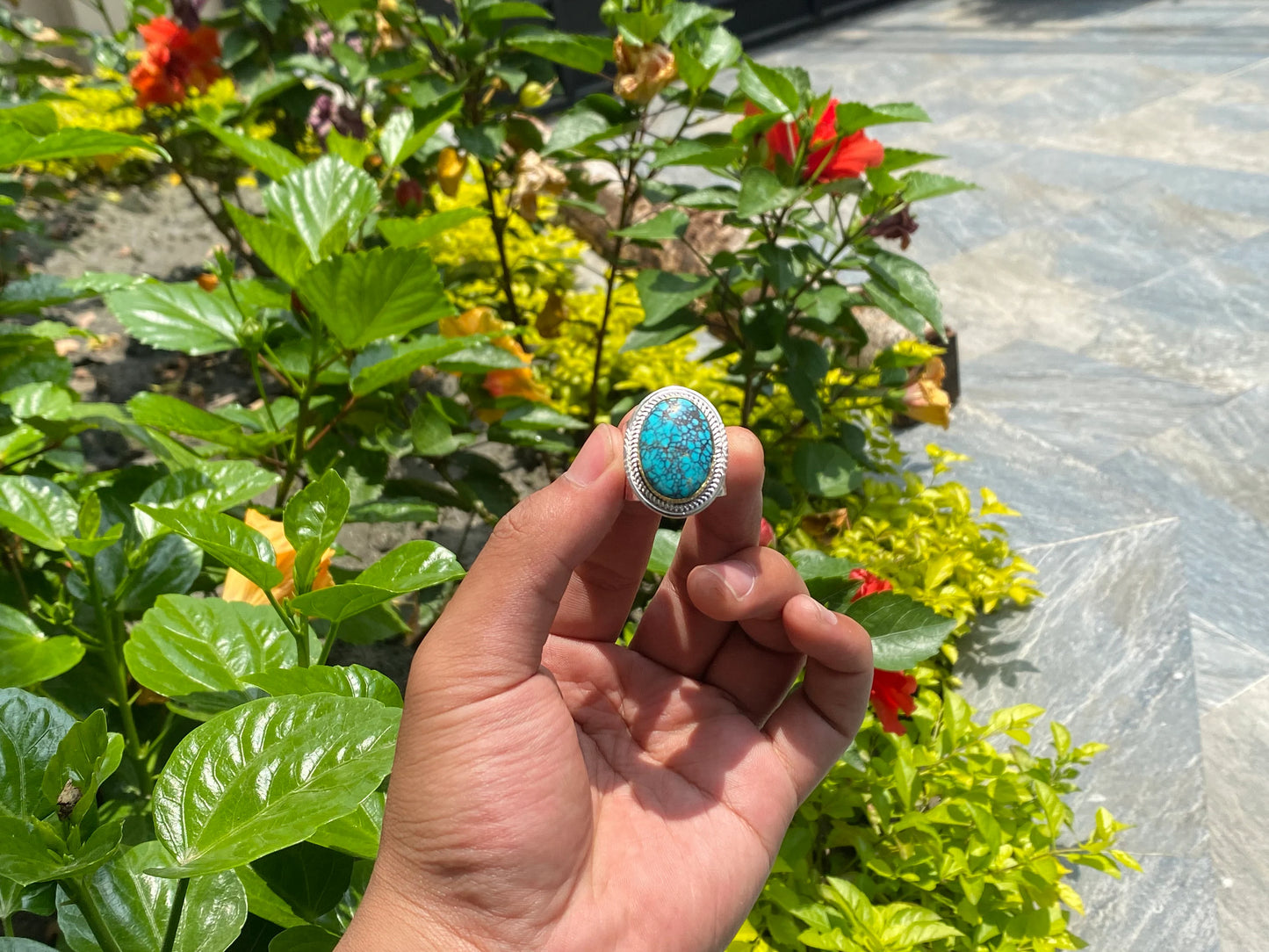 Oval shaped Natural Turquoise Ring, Adjustable two tone Ring, Handmade Ring, Hammered Ring, Gift for her.