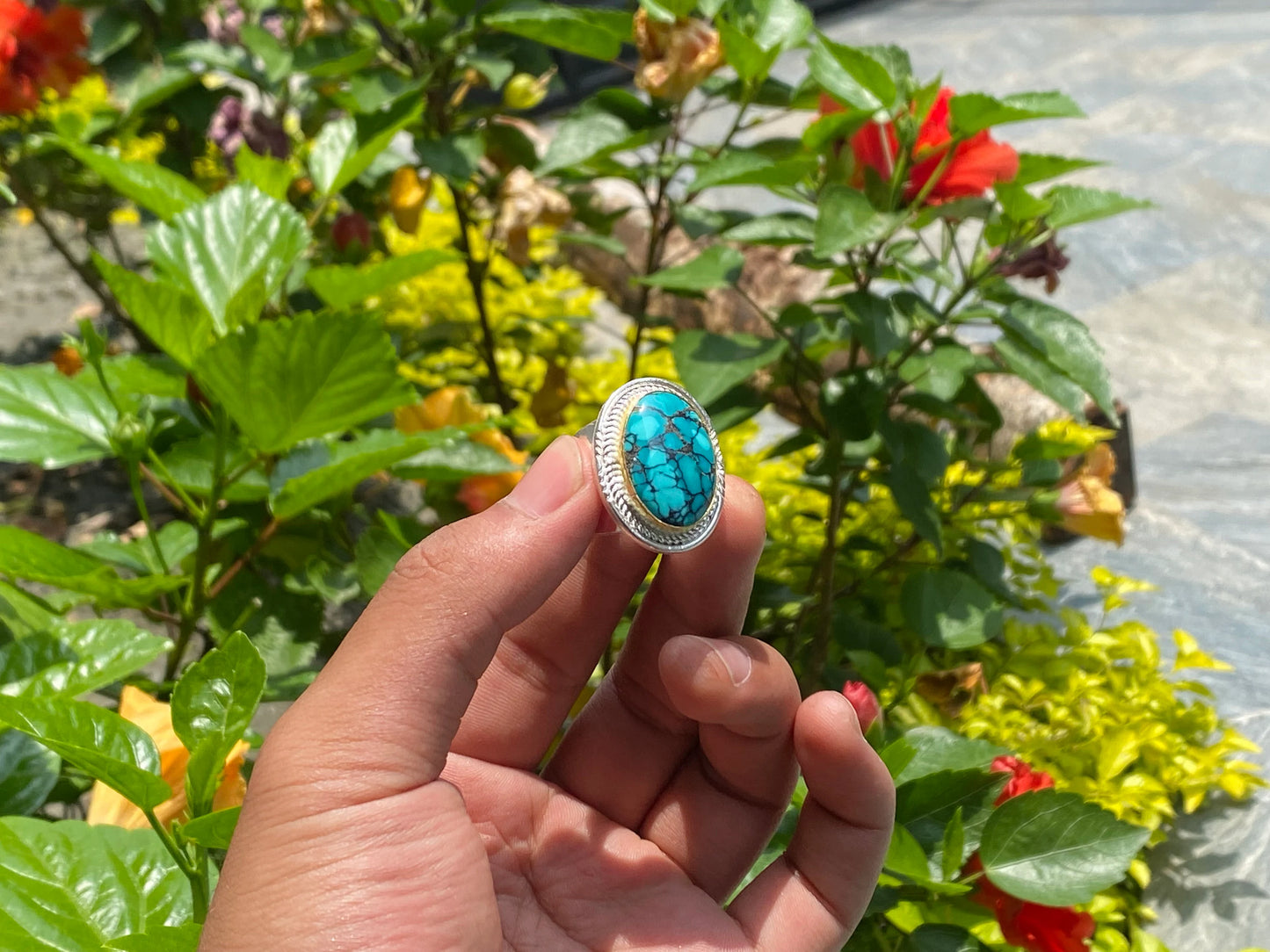 Oval shaped Natural Turquoise Ring, Adjustable two tone Ring, Handmade Ring, Hammered Ring, Gift for her.