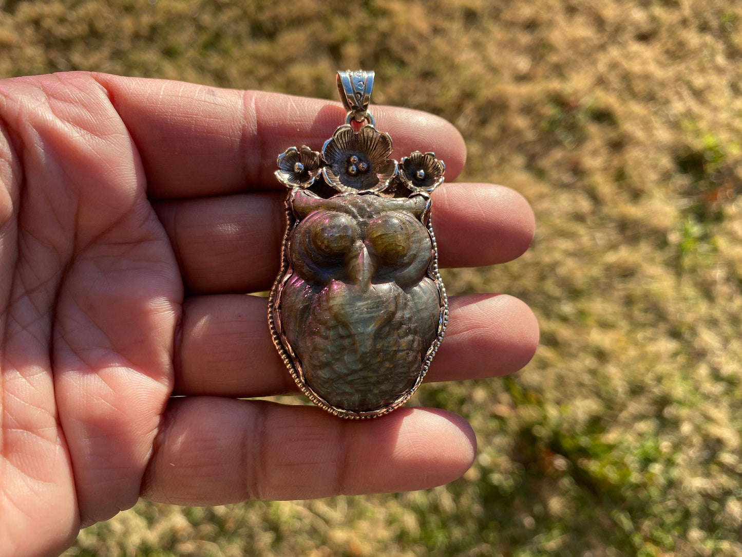 Hand Carved Owl Labradorite Tibetan Silver Pendant, Owl Pendant, Labradorite Owl, Blue Labradorite, Wildlife Jewelry, Animal Lover's Pendant