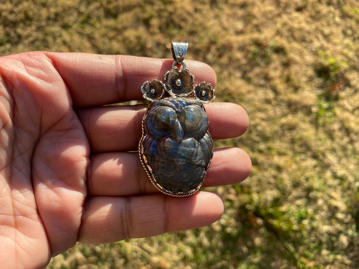 Hand Carved Owl Labradorite Tibetan Silver Pendant, Owl Pendant, Labradorite Owl, Blue Labradorite, Wildlife Jewelry, Animal Lover's Pendant
