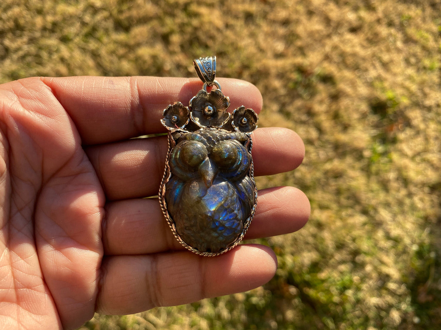 Hand Carved Owl Labradorite Tibetan Silver Pendant, Owl Pendant, Labradorite Owl, Blue Labradorite, Wildlife Jewelry, Animal Lover's Pendant