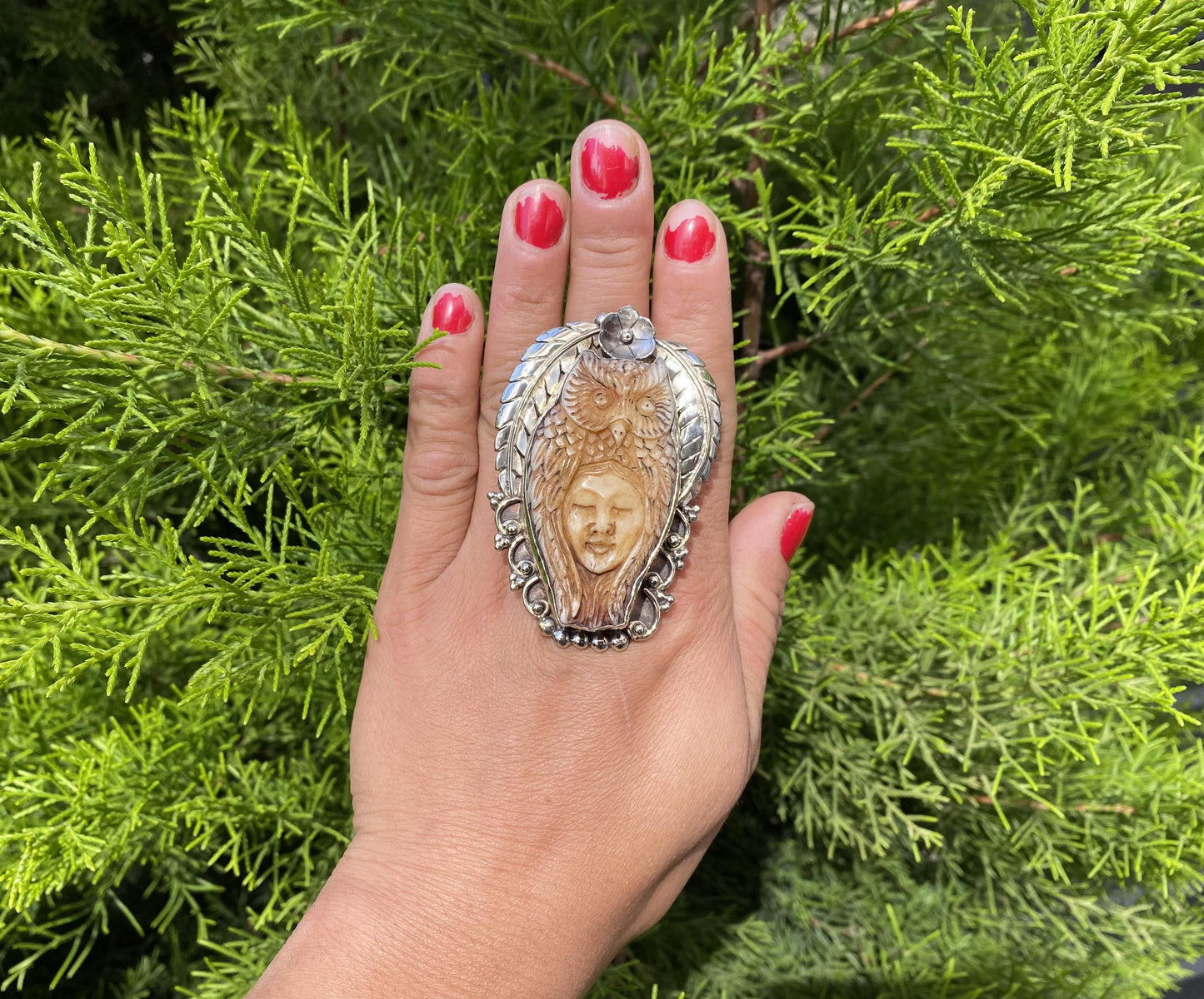 Owl with Women Face Hand Carved Buffalo bone Tibetan Silver Ring, Ethnic Boho Jewelry, Bird Lover Ring, Southwest Ring, Unique Gift