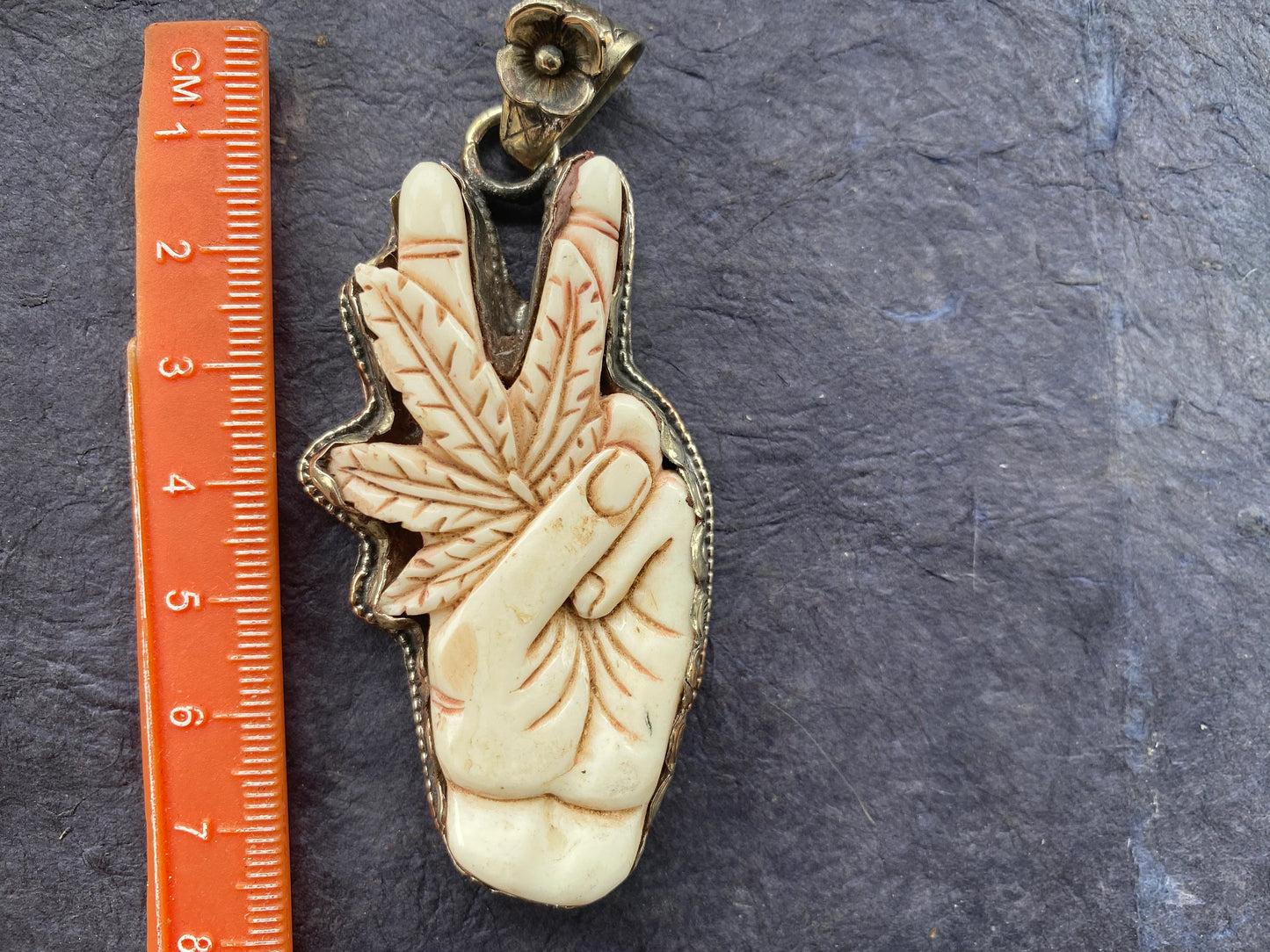 Peace Sign Two Fingers with Marijuana Hand Carved Bone Tibetan Silver Pendant, Peace Sign Jewelry Hippie Gift, Cannabis Peace Sign Pendant