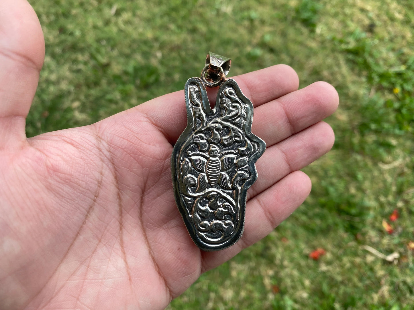 Peace Sign Two Fingers with Marijuana Hand Carved Bone Tibetan Silver Pendant, Peace Sign Jewelry Hippie Gift, Cannabis Peace Sign Pendant