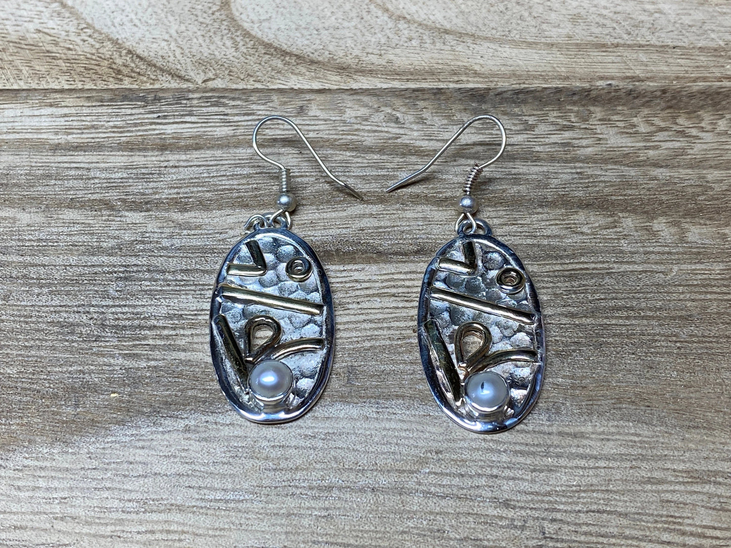 Pearl Two Tone Silver Overlay Earrings, Oval Shape, Dangle Earring, Birthday Gift, Silver Plated, Modern Earring, Designer Earring, Ear wire