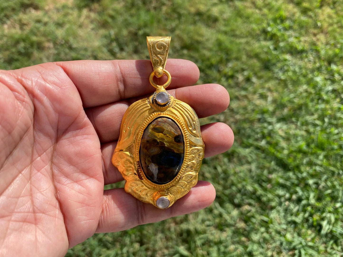 Pietersite Gemstone Gold Overlay Pendant, Swirling Patterns, Luxurious Design, Unique Mineral, High Frequency Stone, Exotic Jewelry,