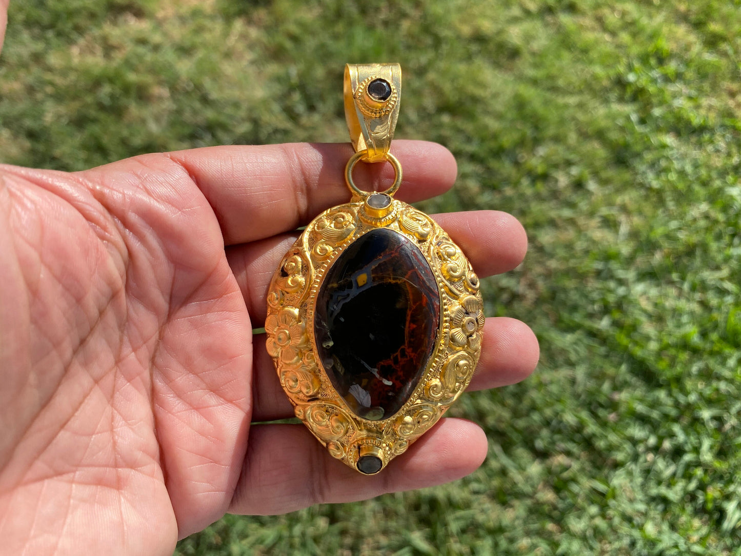 Pietersite Gemstone Gold Overlay Pendant, Swirling Patterns, Luxurious Design, Unique Mineral, High Frequency Stone, Exotic Jewelry,