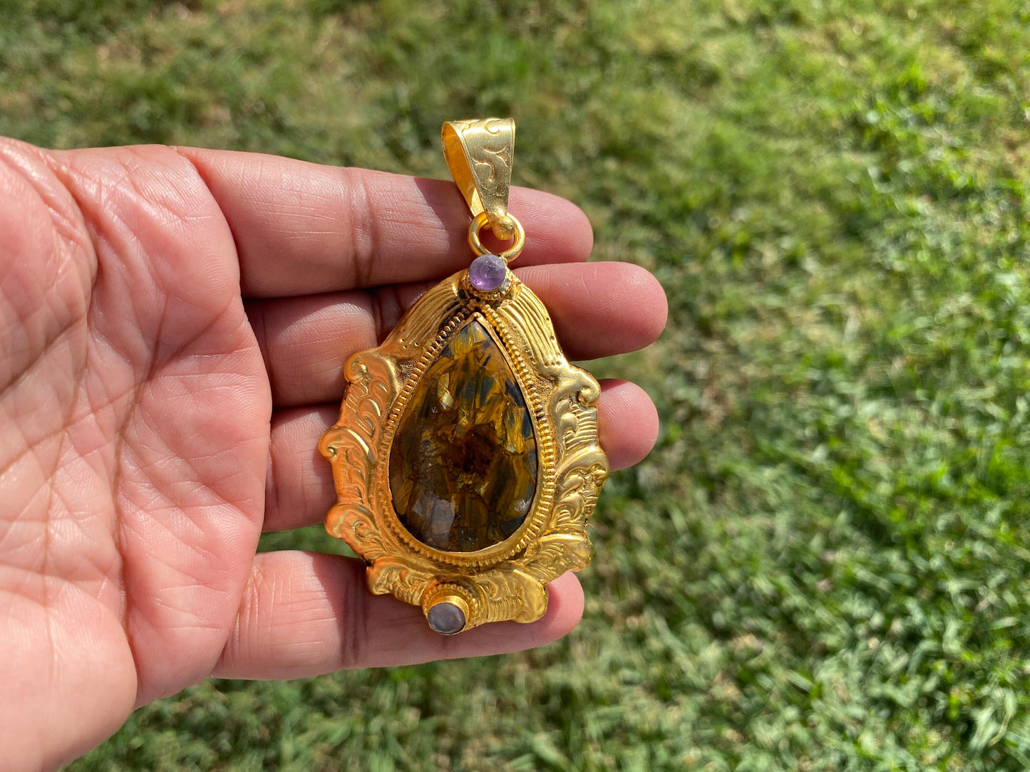Pietersite Gemstone Gold Overlay Pendant, Swirling Patterns, Luxurious Design, Unique Mineral, High Frequency Stone, Exotic Jewelry,