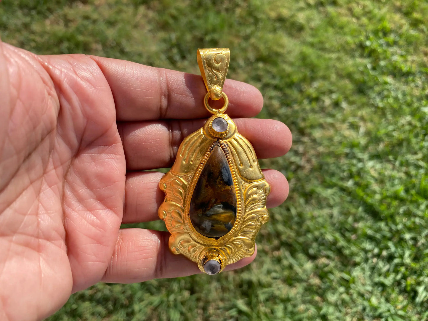 Pietersite Gemstone Gold Overlay Pendant, Swirling Patterns, Luxurious Design, Unique Mineral, High Frequency Stone, Exotic Jewelry,