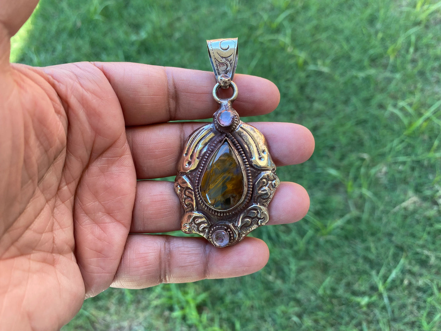 Pietersite Natural Stone Tibetan Silver Pendant, Pietersite Pendant For Necklaces, Big Size Gemstone Pendant, Handmade Gemstone Jewelry Gift