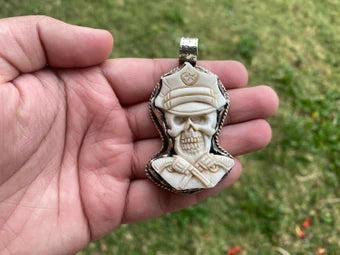 Pirate Captain Skull with Gun Bone Carved Tibetan Silver Pendant, Pirate Skull Pendant for Necklace, Gift for Sailor, Sailor Jewelry, Boho
